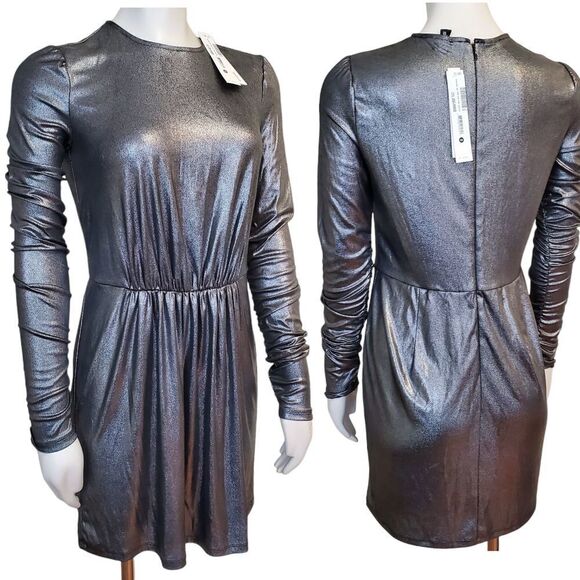 Aqua Silver Liquid Metallic ruched Party Cocktail Dress XS Bloomingdales NEW NWT - Picture 1 of 9